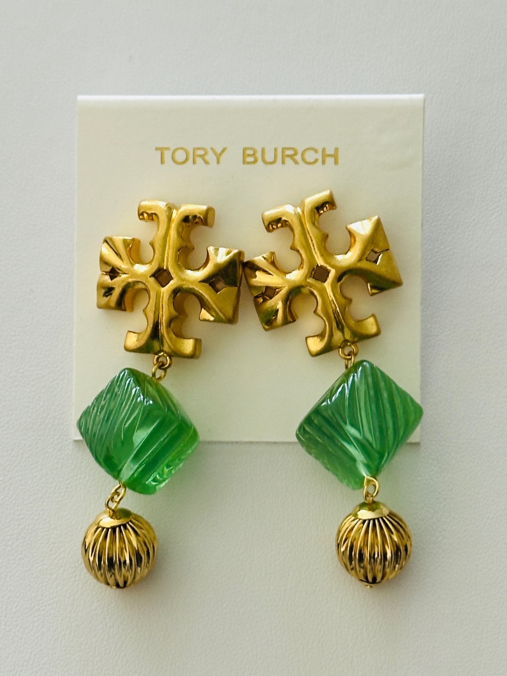 Tory Burch Gold Logo Earrings with Green Resin Cubes and Gold Bead Drops